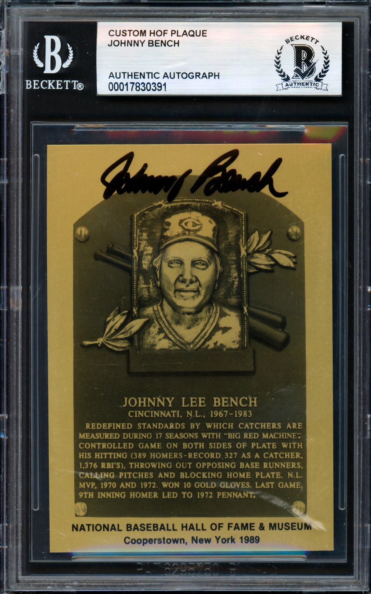 Johnny Bench Autographed 1989 Hall of Fame Metallic Plaque Card Cincinnati Reds Beckett BAS #17830391