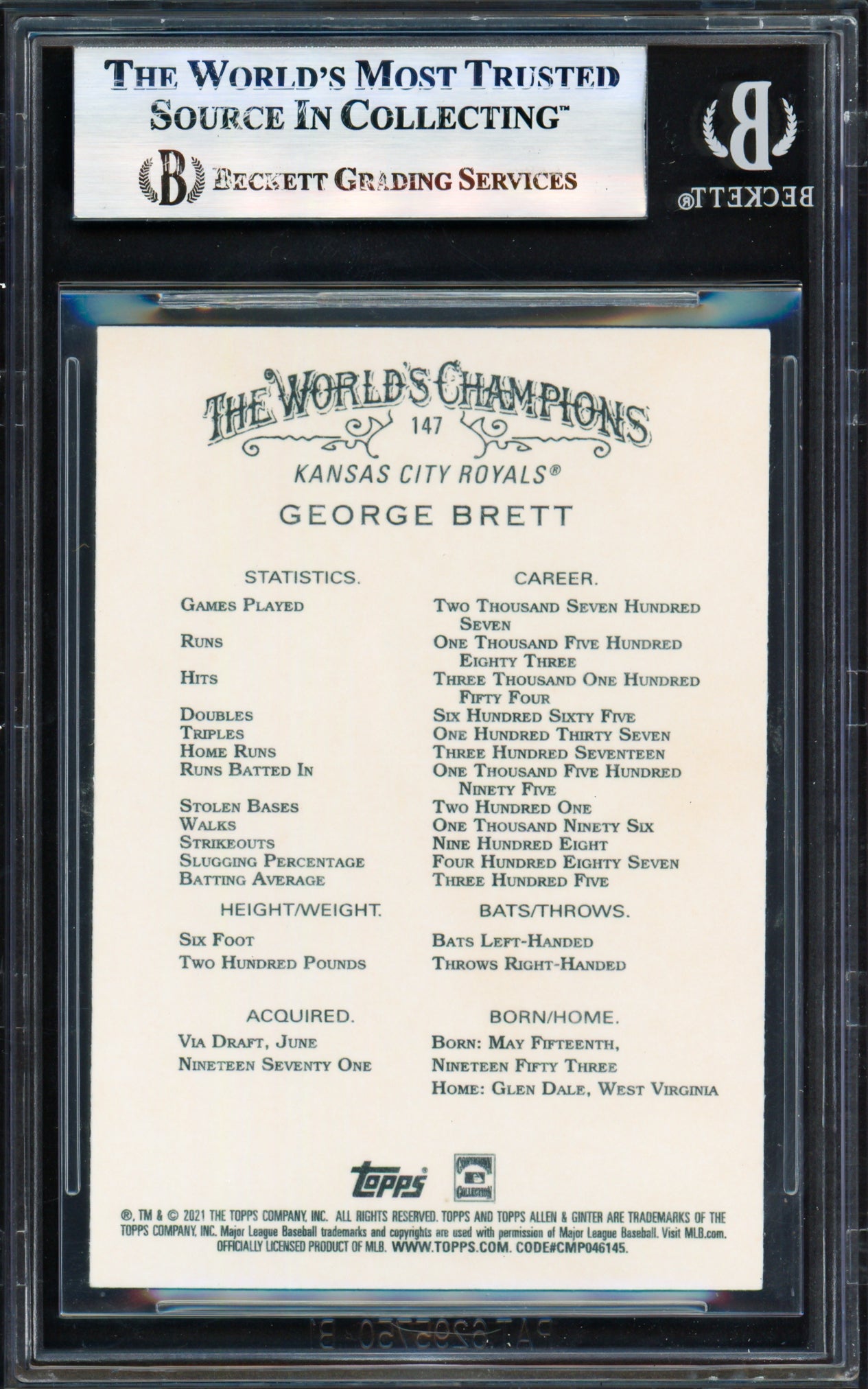 George Brett Autographed 2021 Topps Allen & Ginter Card #147 Kansas City Royals Beckett BAS #17830819