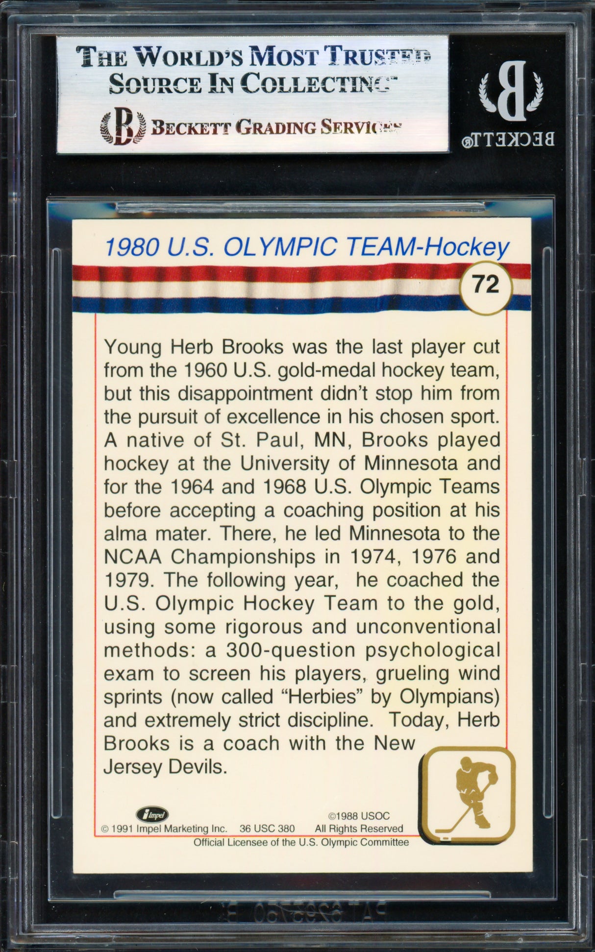 Herb Brooks Autographed 1991 Impel Olympics Card #72 1980 Team USA Beckett BAS #17830836
