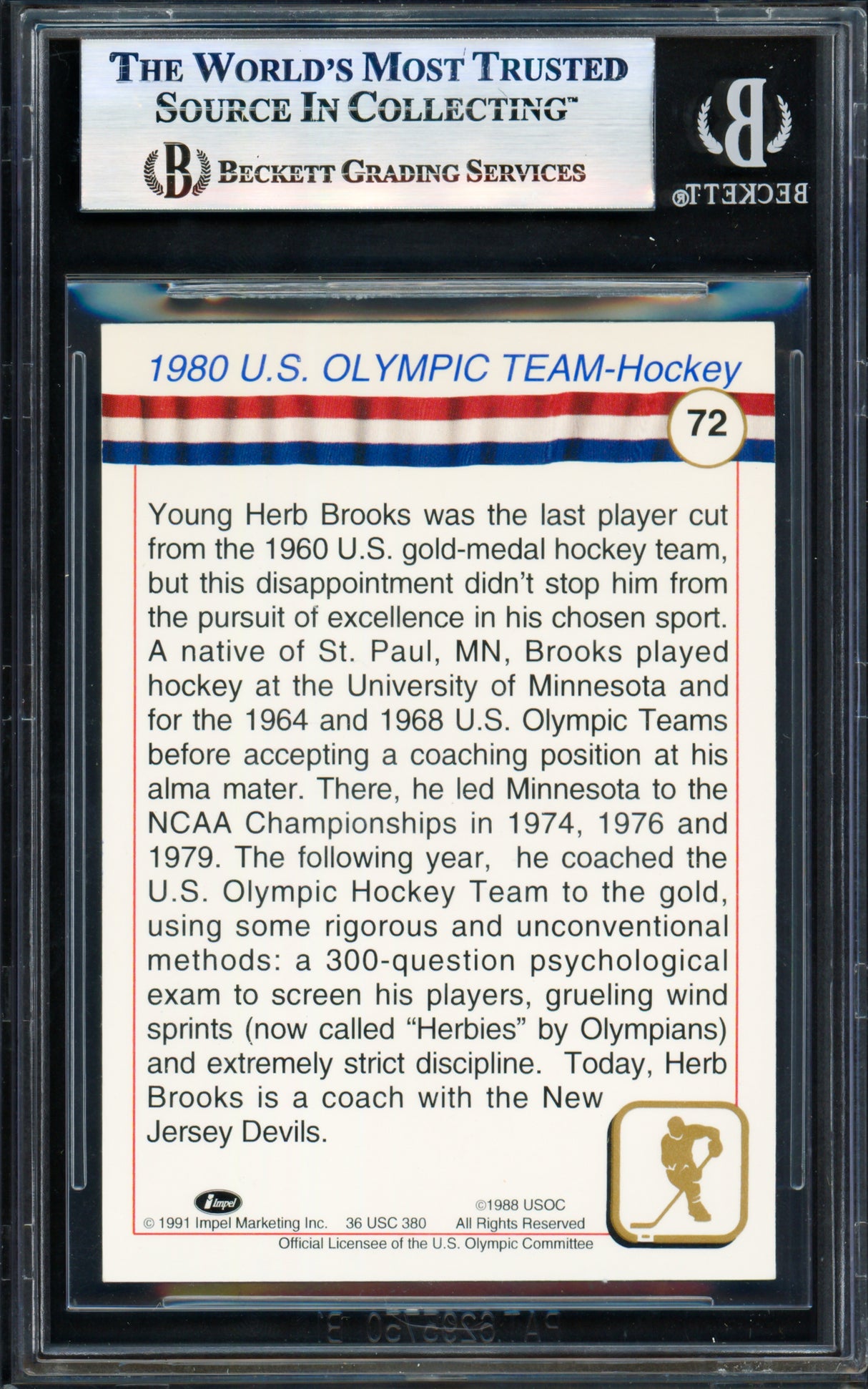 Herb Brooks Autographed 1991 Impel Olympics Card #72 1980 Team USA Beckett BAS #17830835