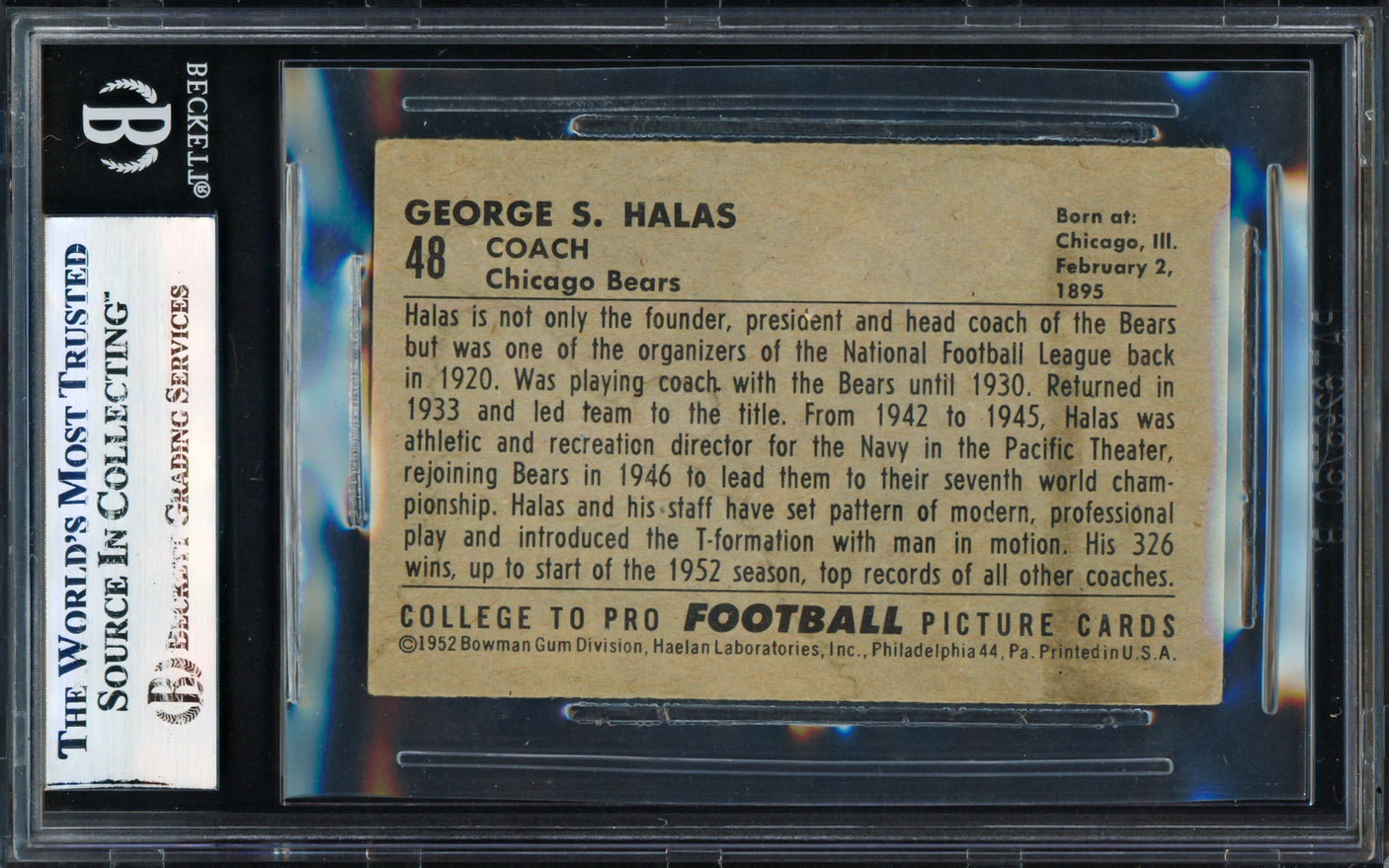 George Halas Autographed 1952 Bowman Small Rookie Card #48 Chicago Bears Beckett BAS #17830399
