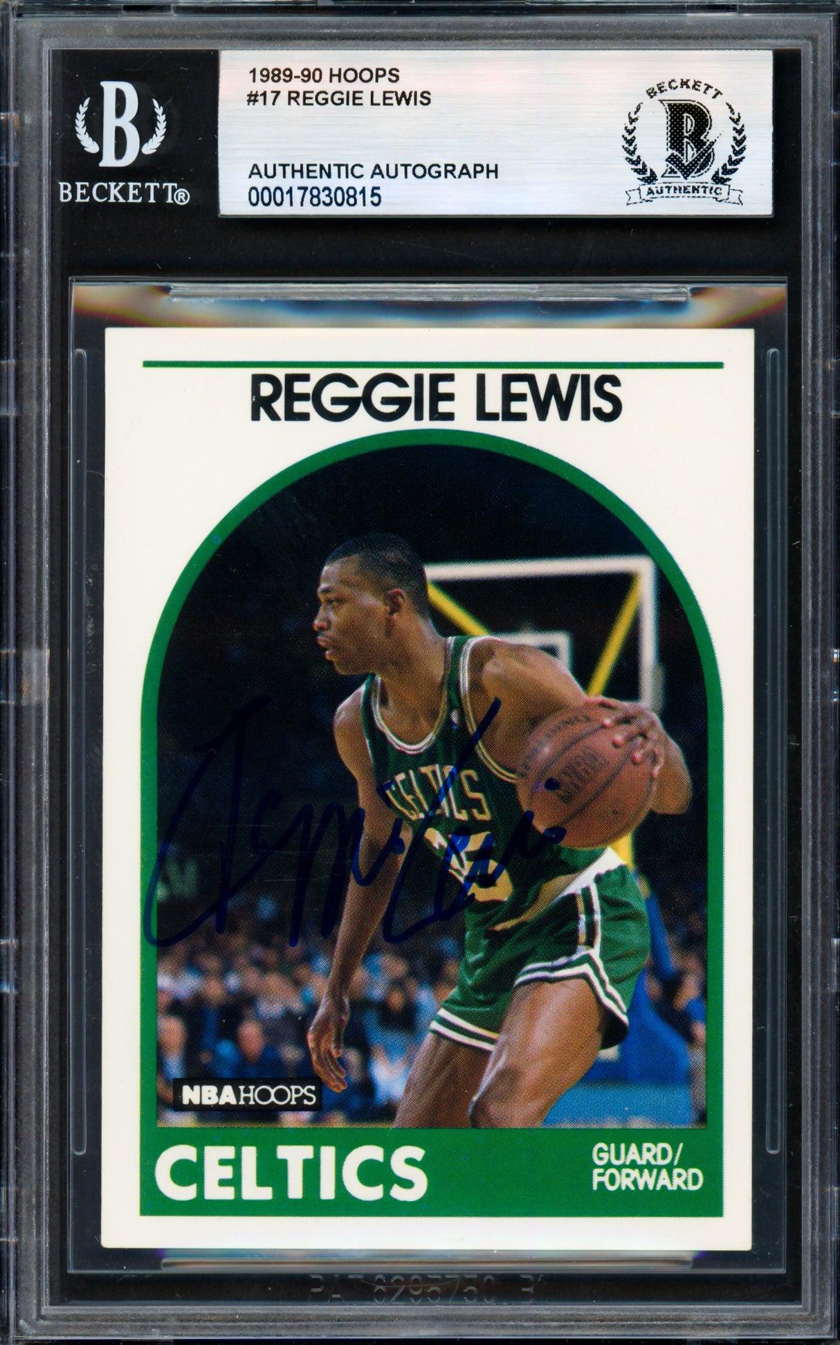 Reggie Lewis Autographed 1989-90 Hoops Rookie Card #17 Boston Celtics (Back Damage) Beckett BAS #17830815