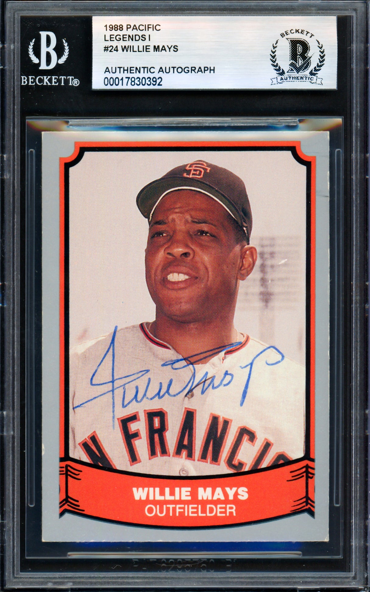 Willie Mays Autographed 1988 Pacific Legends Card #24 San Francisco Giants Beckett BAS #17830392