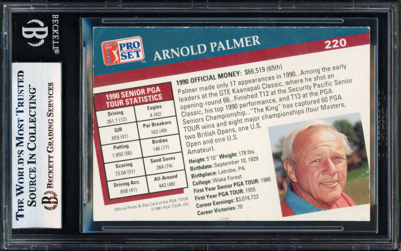 Arnold Palmer Autographed 1991 Pro Set Card #220 Beckett BAS #17830404
