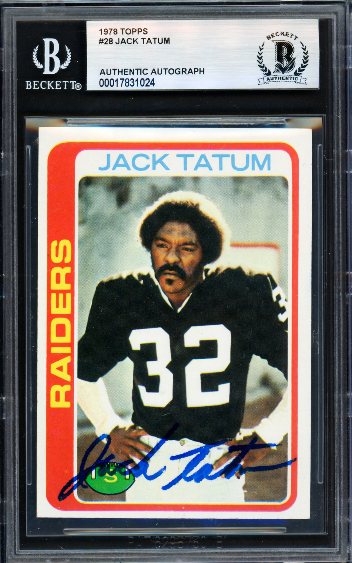 Jack Tatum Autographed 1978 Topps Card #28 Oakland Raiders Beckett BAS #17831024