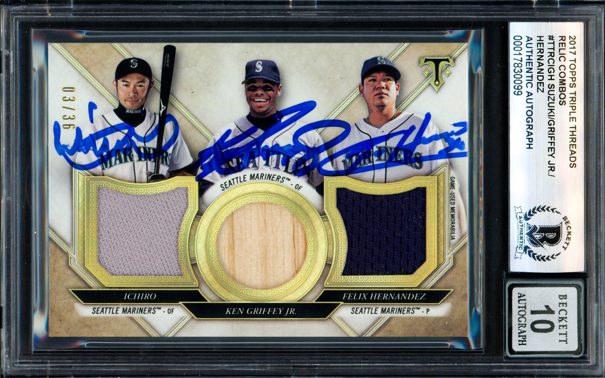 Ken Griffey Jr., Ichiro Suzuki & Felix Hernandez Autographed 2017 Topps Triple Threads Relic Combo Card #TTRC-IGH Seattle Mariners Auto Grade Gem Mint 10 Beckett BAS #17830099