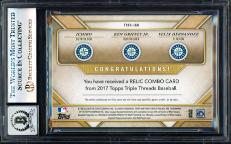 Ken Griffey Jr., Ichiro Suzuki & Felix Hernandez Autographed 2017 Topps Triple Threads Relic Combo Card #TTRC-IGH Seattle Mariners Auto Grade Gem Mint 10 Beckett BAS #17830099