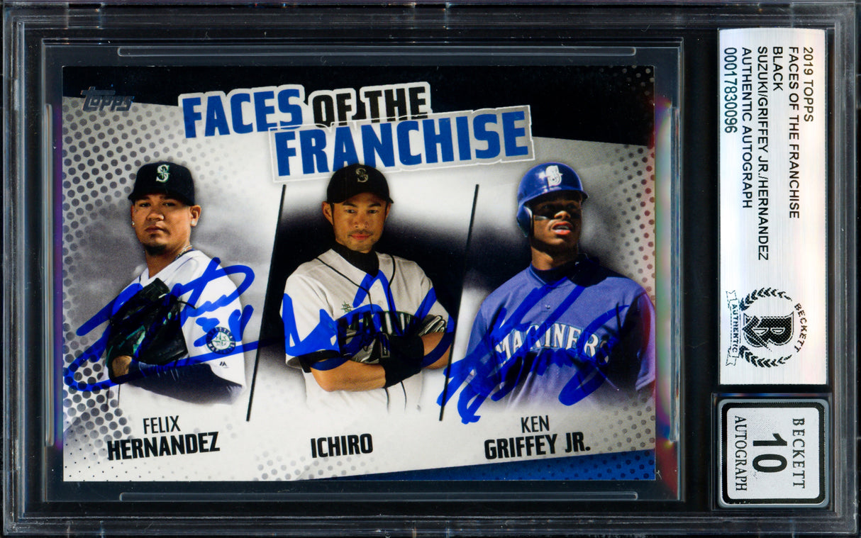 Ken Griffey Jr., Ichiro Suzuki & Felix Hernandez Autographed 2019 Topps Faces of the Franchise Black Card #FOF-26 Seattle Mariners Auto Grade Gem Mint 10 #135/299 Beckett BAS #17830096
