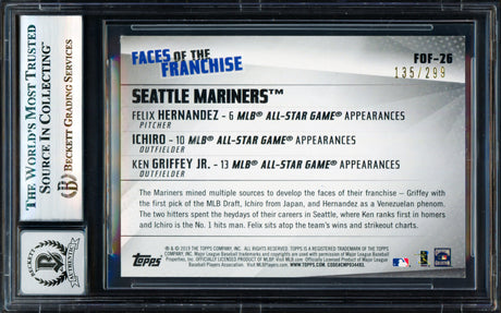 Ken Griffey Jr., Ichiro Suzuki & Felix Hernandez Autographed 2019 Topps Faces of the Franchise Black Card #FOF-26 Seattle Mariners Auto Grade Gem Mint 10 #135/299 Beckett BAS #17830096