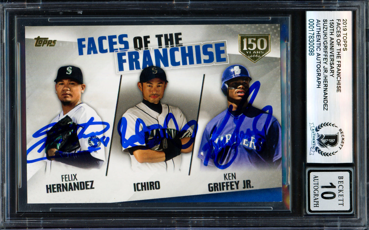 Ken Griffey Jr., Ichiro Suzuki & Felix Hernandez Autographed 2019 Topps Faces of the Franchise 150 years Card #FOF-26 Seattle Mariners Auto Grade Gem Mint 10 #55/150 Beckett BAS #17830098