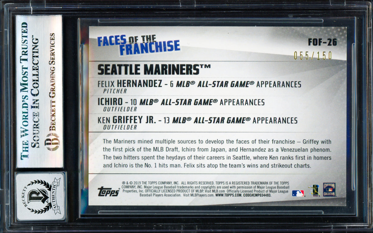Ken Griffey Jr., Ichiro Suzuki & Felix Hernandez Autographed 2019 Topps Faces of the Franchise 150 years Card #FOF-26 Seattle Mariners Auto Grade Gem Mint 10 #55/150 Beckett BAS #17830098
