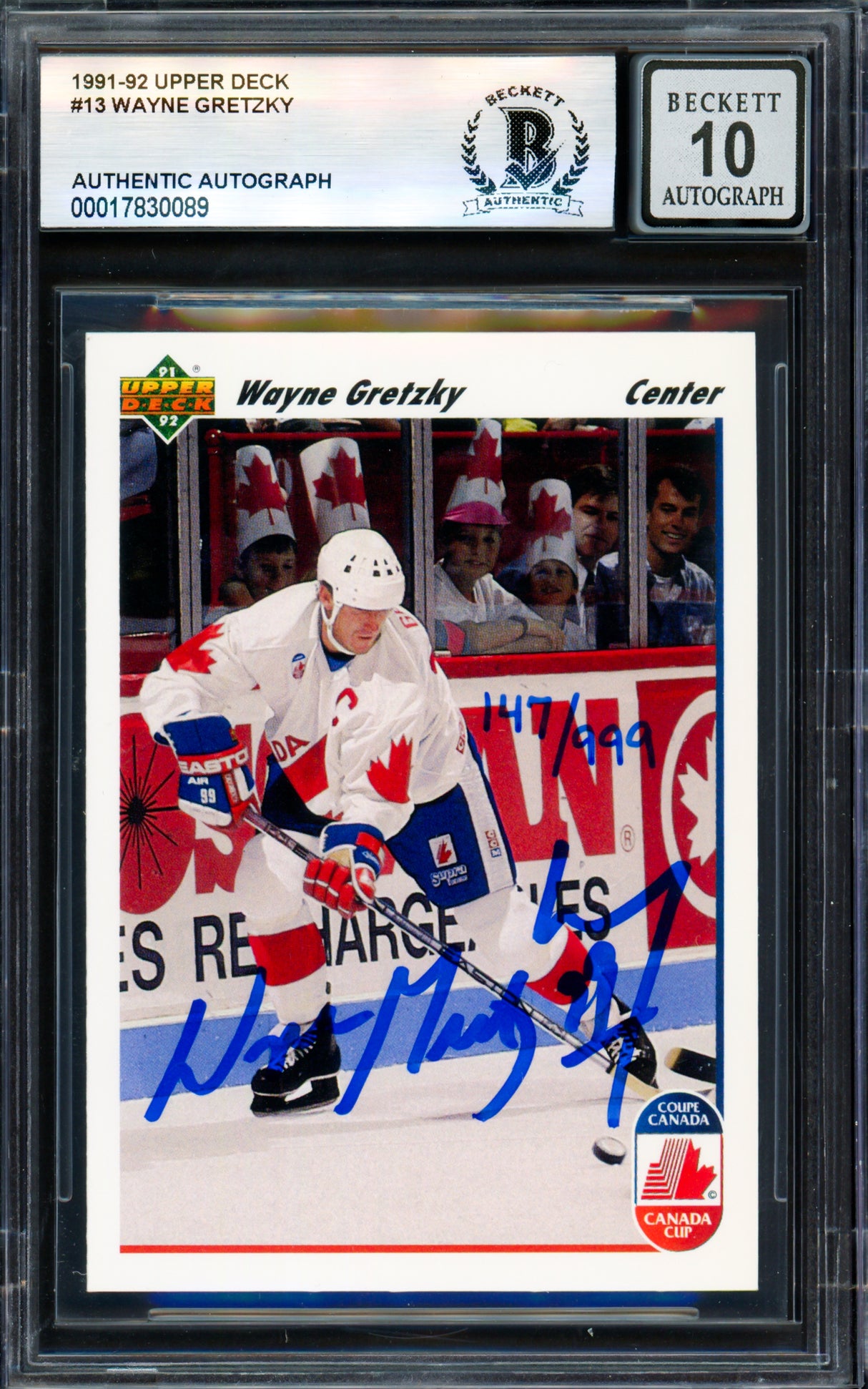 Wayne Gretzky Autographed 1991 Upper Deck Card #13 Team Canada Auto Grade Gem Mint 10 Beckett BAS #17830089
