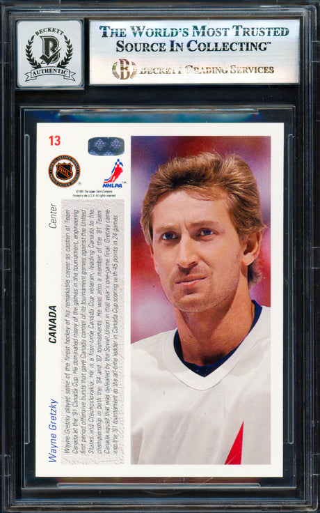 Wayne Gretzky Autographed 1991 Upper Deck Card #13 Team Canada Auto Grade Gem Mint 10 Beckett BAS #17830089
