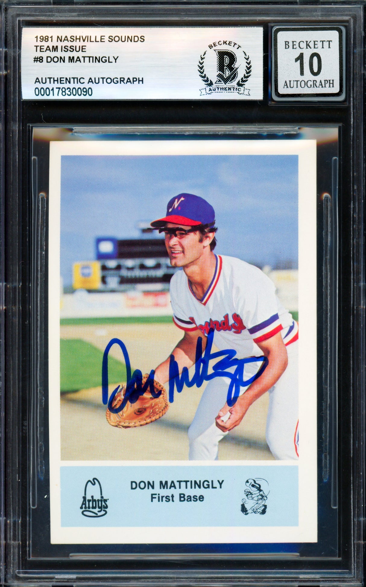 Don Mattingly Autographed 1981 Arby's Rookie Card Nashville Sounds Auto Grade Gem Mint 10 Beckett BAS #17830090