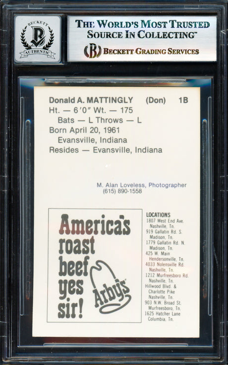 Don Mattingly Autographed 1981 Arby's Rookie Card Nashville Sounds Auto Grade Gem Mint 10 Beckett BAS #17830090