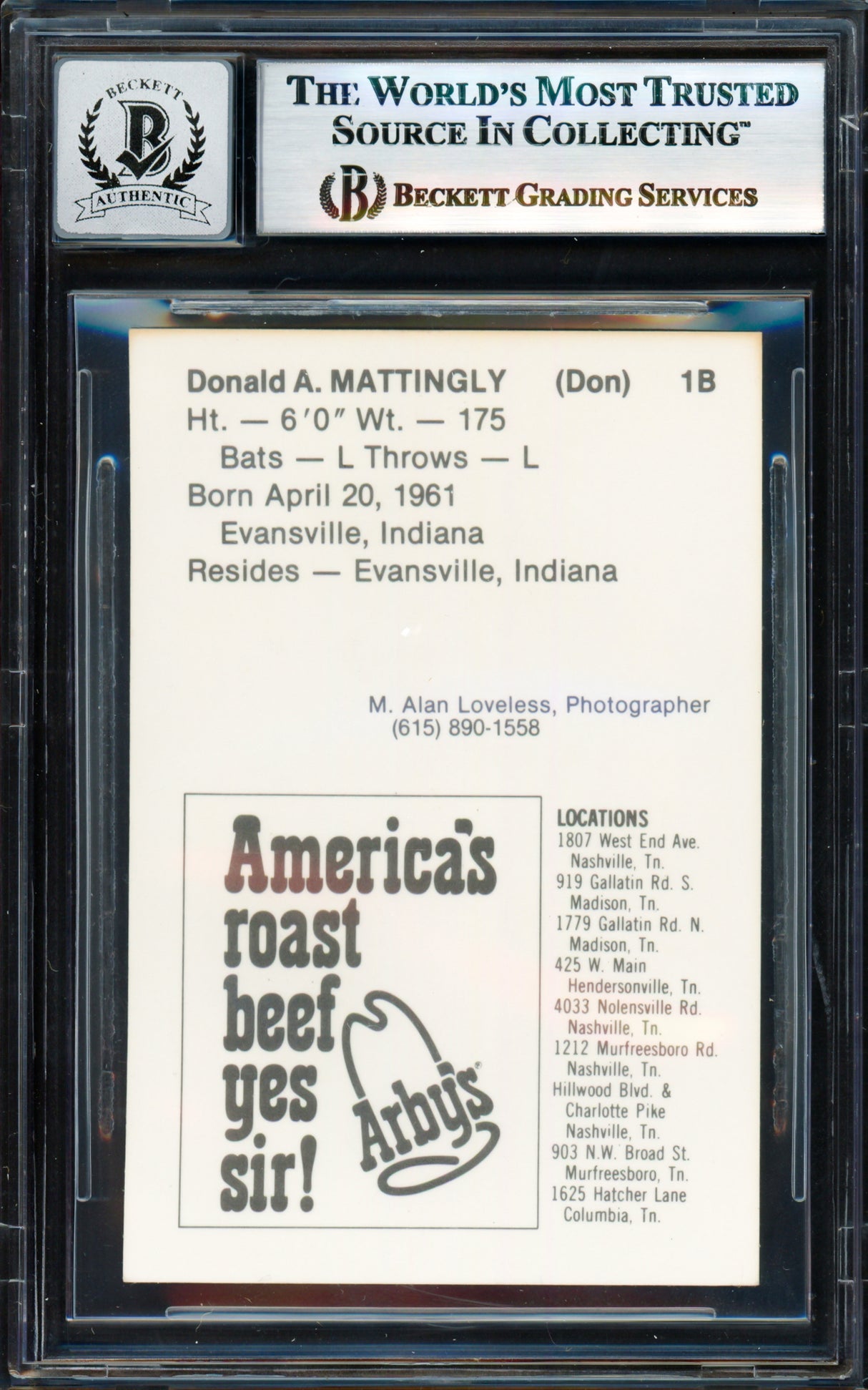 Don Mattingly Autographed 1981 Arby's Rookie Card Nashville Sounds Auto Grade Gem Mint 10 Beckett BAS #17830090