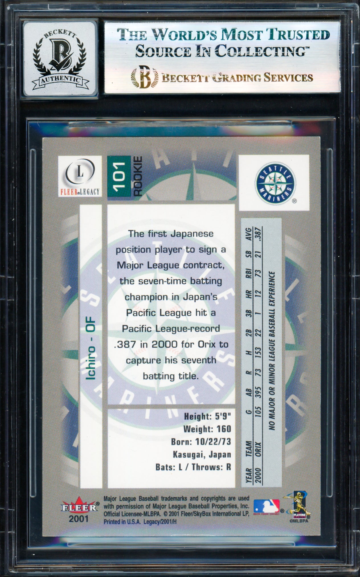 Ichiro Suzuki Autographed 2001 Fleer Legacy Rookie Card #101 Seattle Mariners Auto Grade Gem Mint 10 #640/799 Beckett BAS #17829970