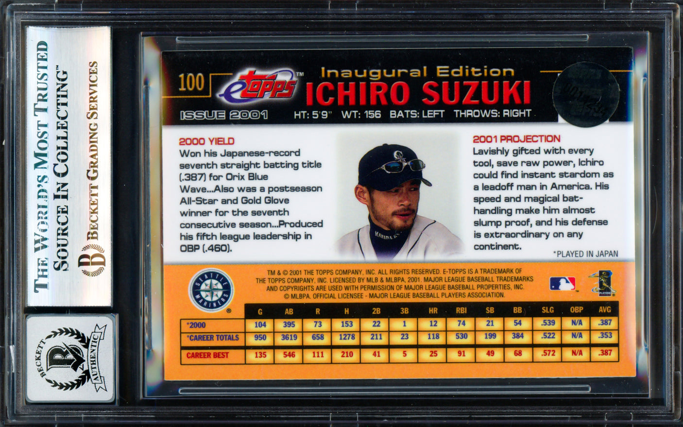 Ichiro Suzuki Autographed 2001 Topps eTopps Rookie Card #100 Seattle Mariners Auto Grade Gem Mint 10 Beckett BAS #17830084