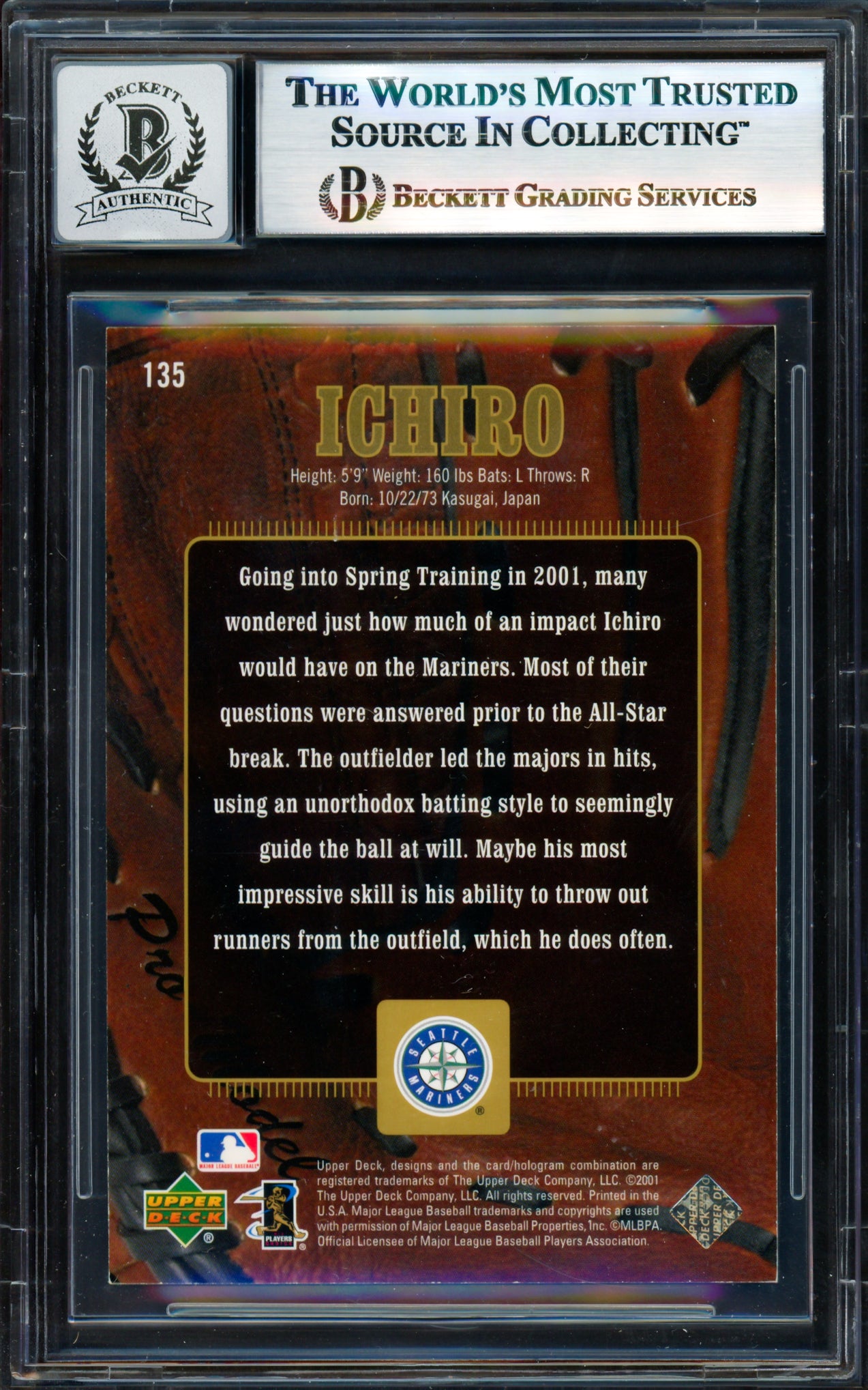 Ichiro Suzuki Autographed 2001 Upper Deck Gold Glove Rookie Card #135 Seattle Mariners Auto Grade Gem Mint 10 Beckett BAS #17830092