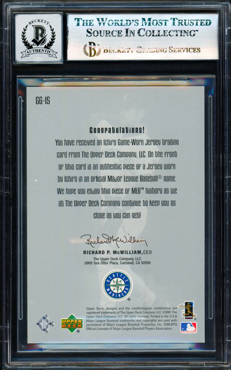 Ichiro Suzuki Autographed 2001 Upper Deck Gold Glove Jersey Rookie Card #GG-IS Seattle Mariners Auto Grade Gem Mint 10 Beckett BAS #17830081