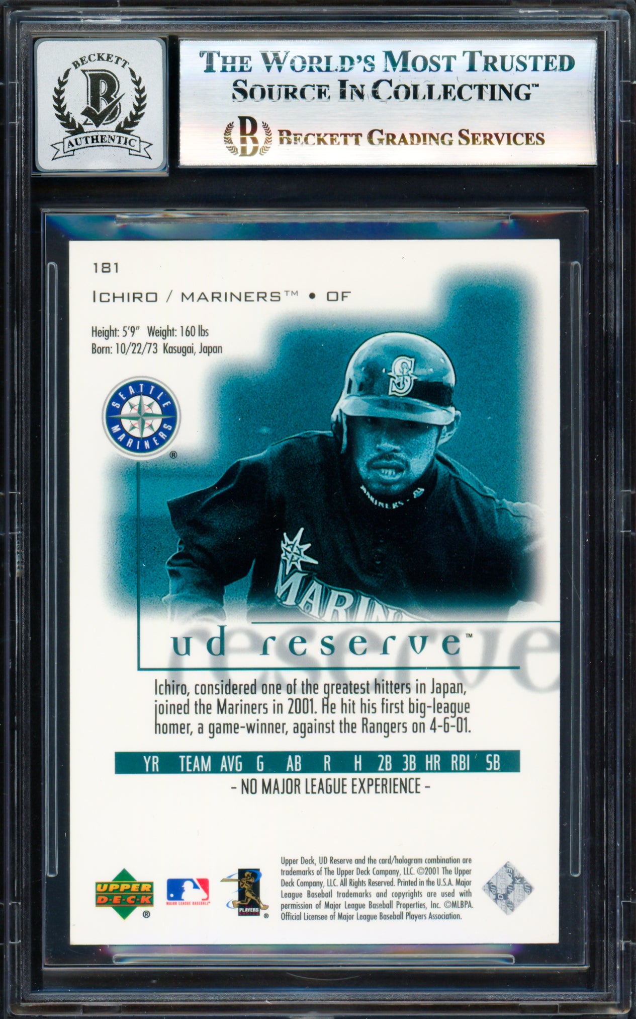 Ichiro Suzuki Autographed 2001 UD Reserve Rookie Card #181 Seattle Mariners Auto Grade Gem Mint 10 Beckett BAS #17830083