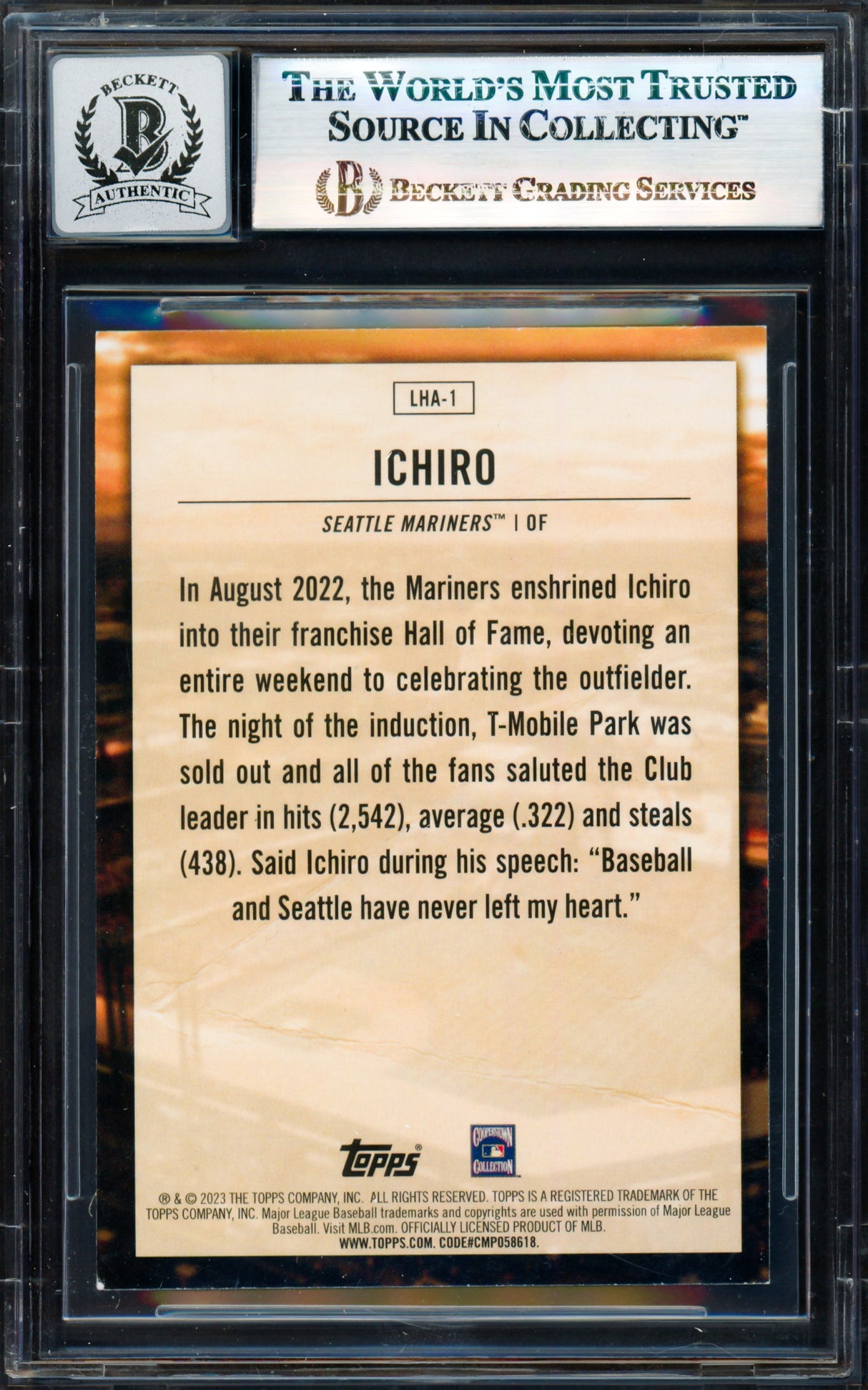 Ichiro Suzuki Autographed 2023 Topps Home Field Advantage Card #LHA-1 Seattle Mariners Auto Grade Gem Mint 10 Beckett BAS #17830093