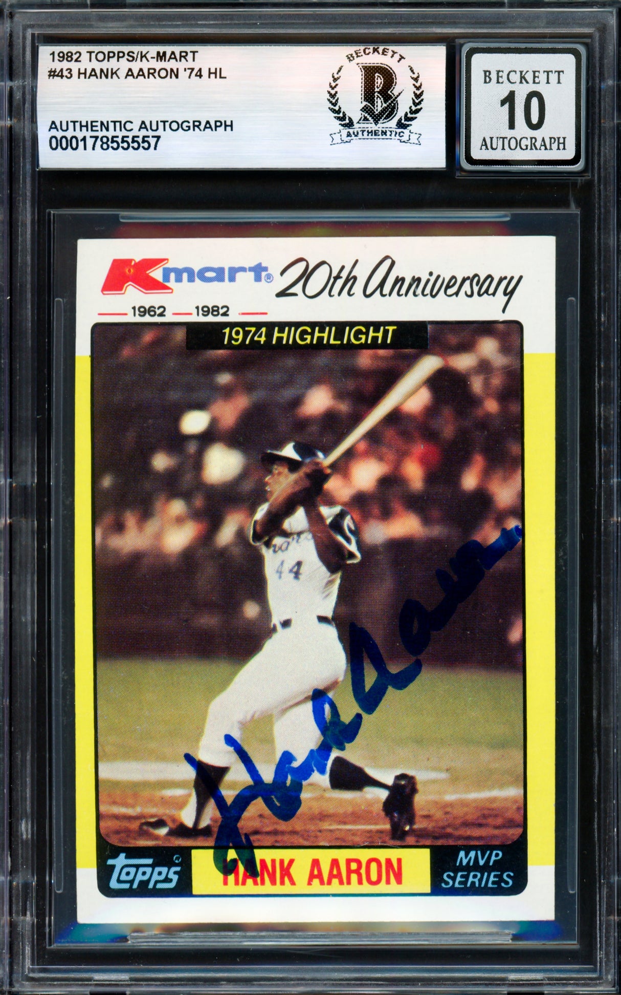Hank Aaron Autographed 1982 Topps K-Mart Card #43 Atlanta Braves Auto Grade Gem Mint 10 Beckett BAS #17855557