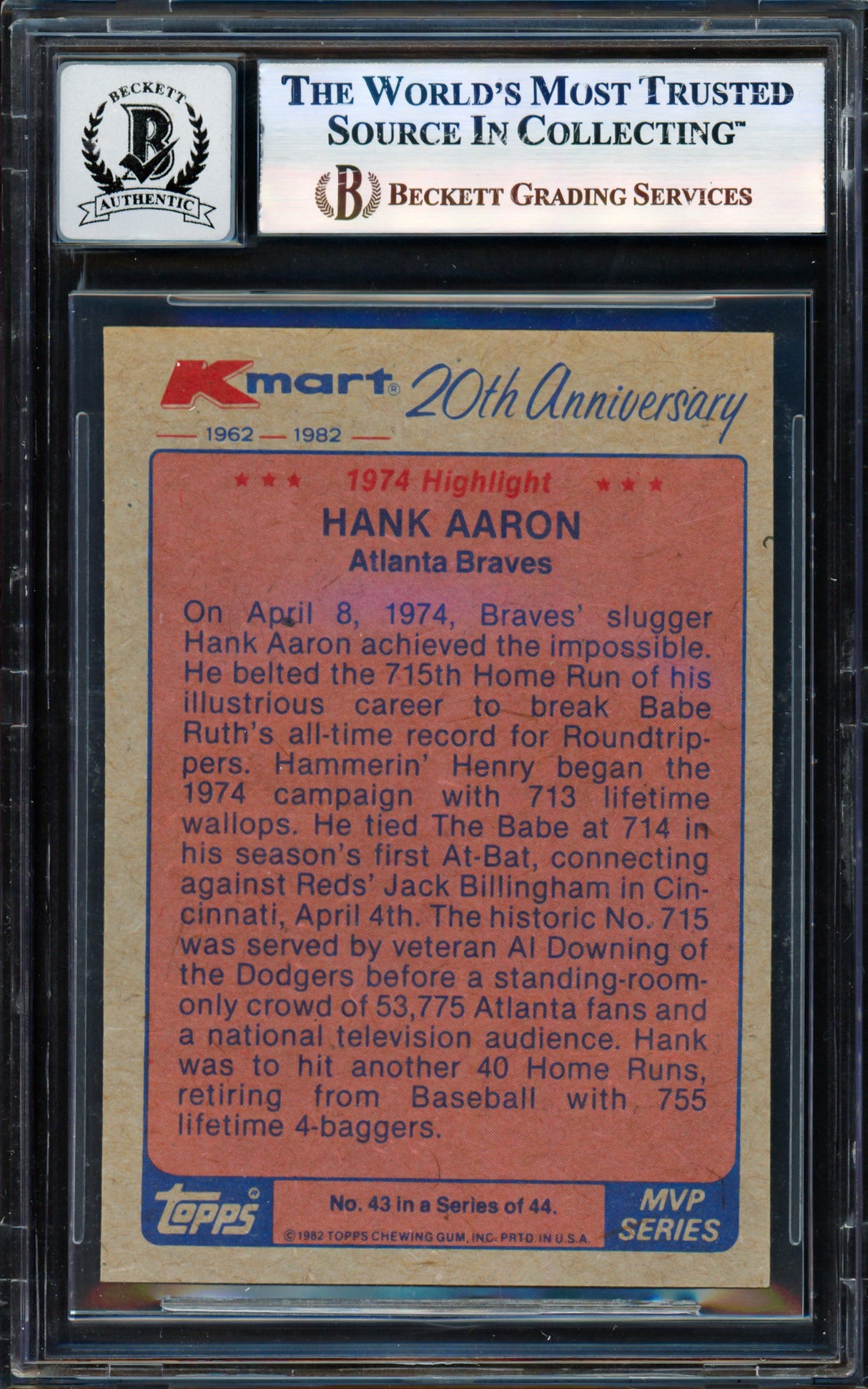 Hank Aaron Autographed 1982 Topps K-Mart Card #43 Atlanta Braves Auto Grade Gem Mint 10 Beckett BAS #17855557