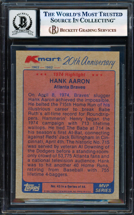 Hank Aaron Autographed 1982 Topps K-Mart Card #43 Atlanta Braves Auto Grade Gem Mint 10 Beckett BAS #17855557