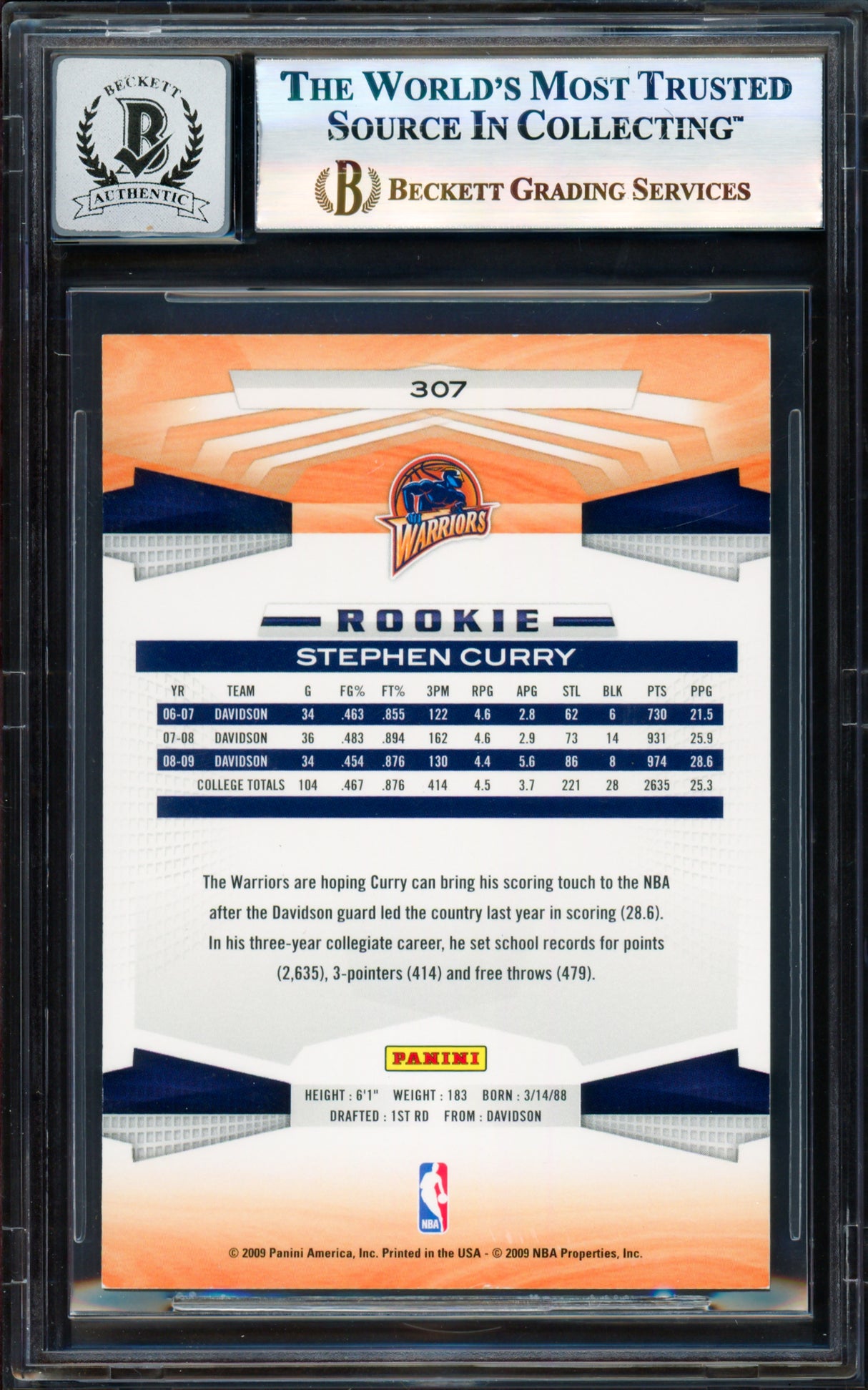 Stephen Curry Autographed 2009-10 Panini Card #307 Golden State Warriors Auto Grade Gem Mint 10 Beckett BAS #17855457