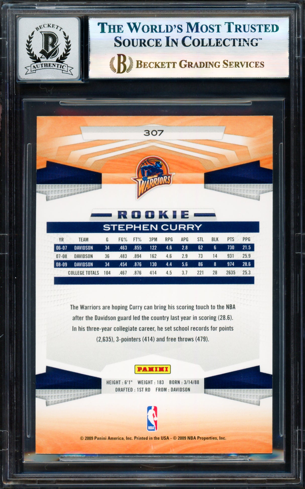 Stephen Curry Autographed 2009-10 Panini Card #307 Golden State Warriors Auto Grade Gem Mint 10 Beckett BAS #17855453