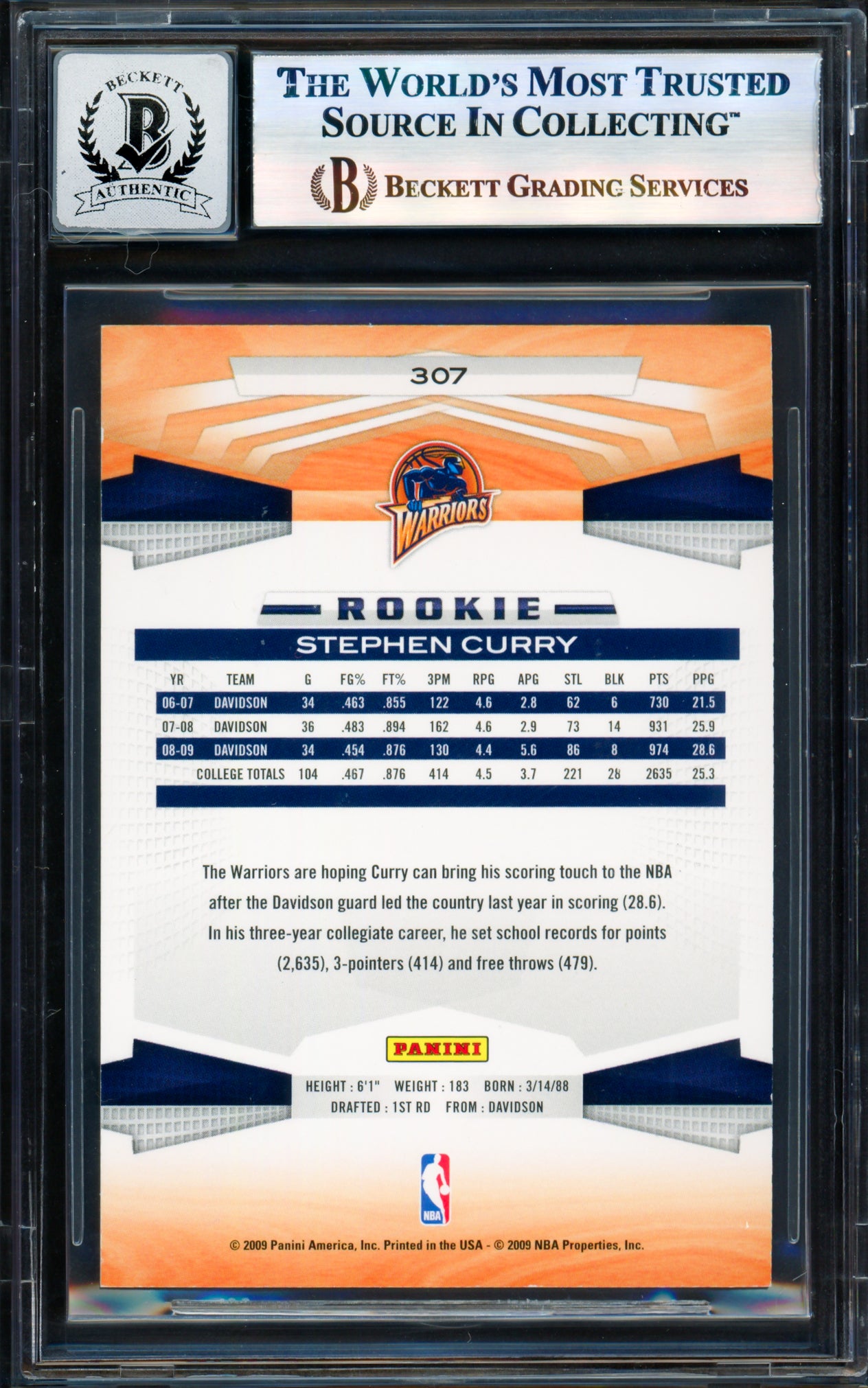 Stephen Curry Autographed 2009-10 Panini Card #307 Golden State Warriors Auto Grade Gem Mint 10 Beckett BAS #17855458