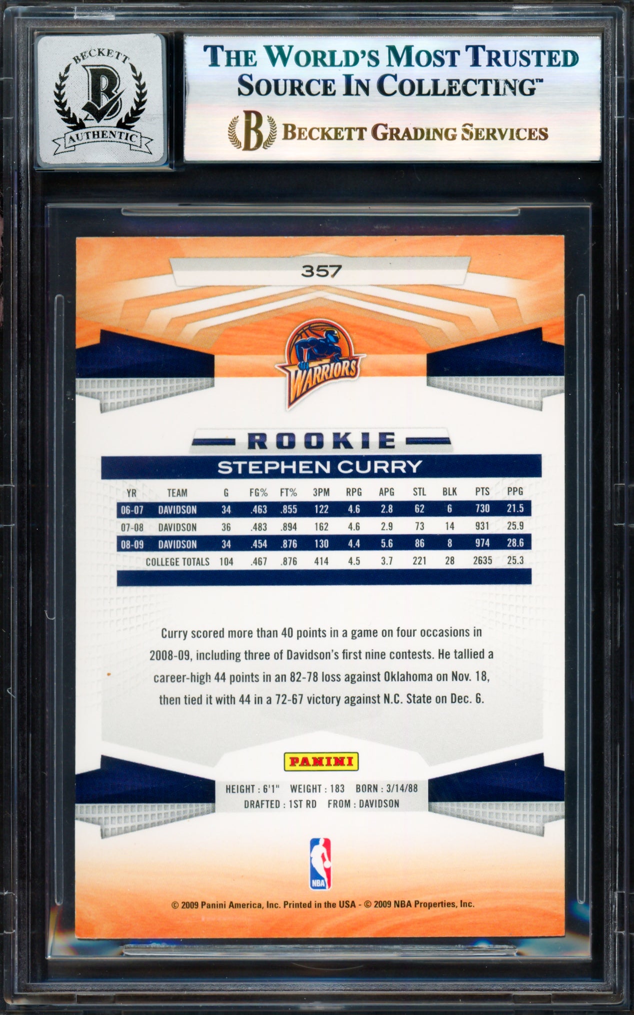 Stephen Curry Autographed 2009-10 Panini Card #357 Golden State Warriors Auto Grade Gem Mint 10 Beckett BAS #17855522