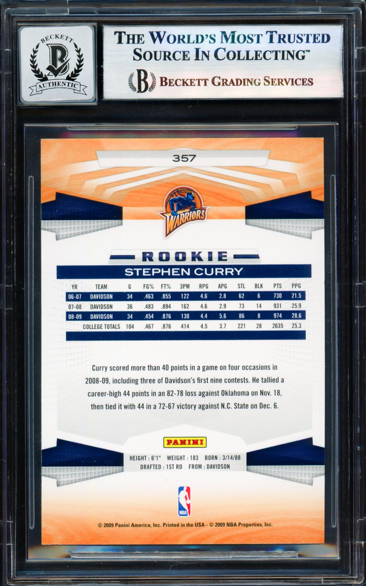 Stephen Curry Autographed 2009-10 Panini Card #357 Golden State Warriors Auto Grade Gem Mint 10 Beckett BAS #17855523