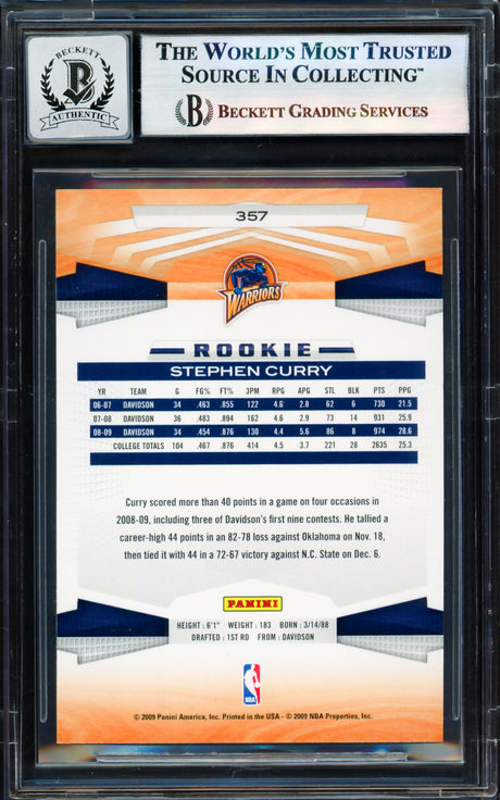 Stephen Curry Autographed 2009-10 Panini Card #357 Golden State Warriors Auto Grade Gem Mint 10 Beckett BAS #17855523