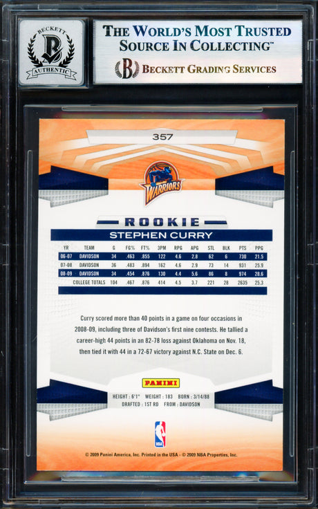 Stephen Curry Autographed 2009-10 Panini Card #357 Golden State Warriors Auto Grade Gem Mint 10 Beckett BAS #17855527