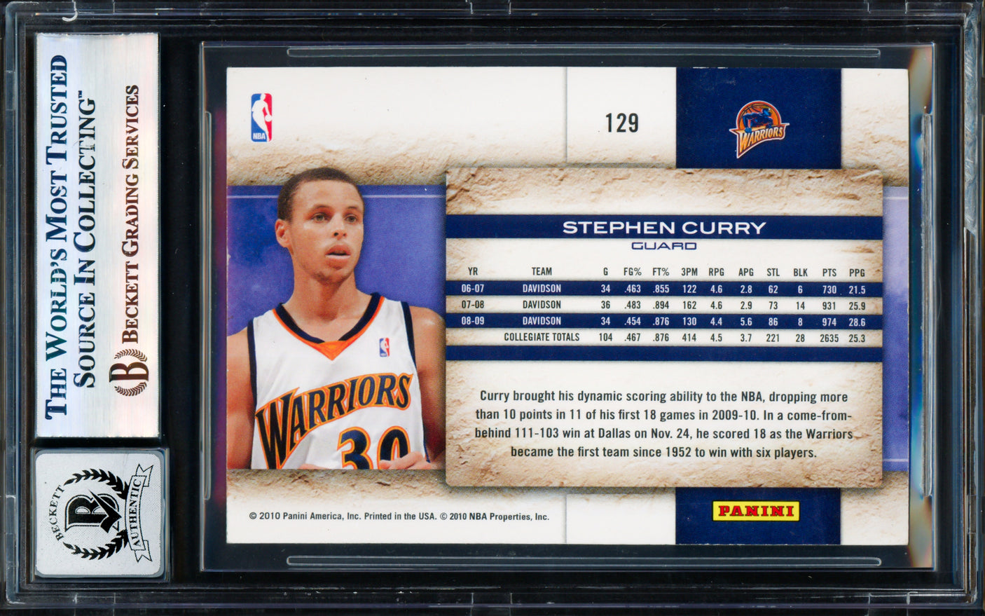 Stephen Curry Autographed 2009-10 Panini Donruss Studio Card #129 Golden State Warriors Auto Grade Gem Mint 10 Beckett BAS #17855536