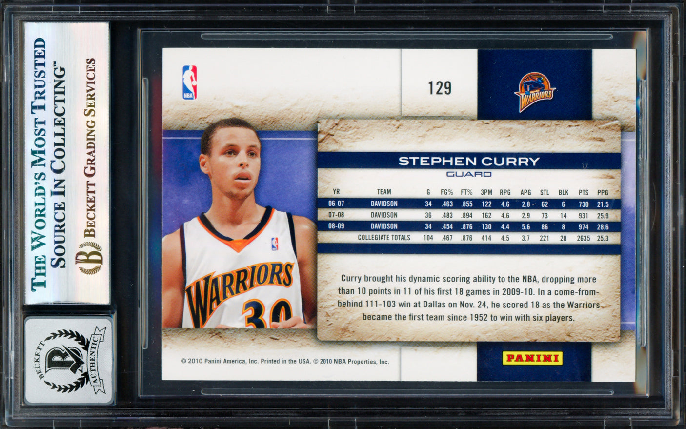 Stephen Curry Autographed 2009-10 Panini Donruss Studio Card #129 Golden State Warriors Auto Grade Gem Mint 10 Beckett BAS #17855534