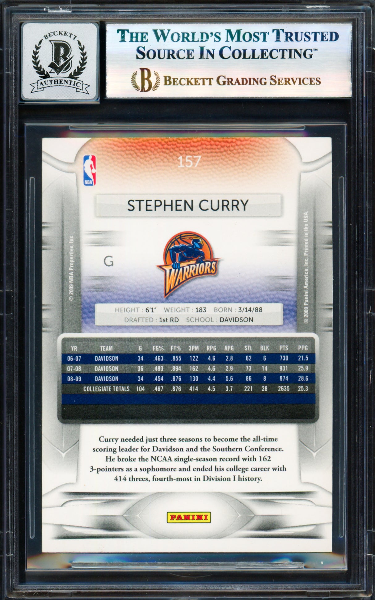 Stephen Curry Autographed 2009-10 Panini Prestige Card #157 Golden State Warriors Auto Grade Gem Mint 10 Beckett BAS #17855437