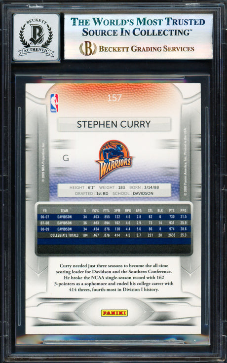 Stephen Curry Autographed 2009-10 Panini Prestige Card #157 Golden State Warriors Auto Grade Gem Mint 10 Beckett BAS #17855437