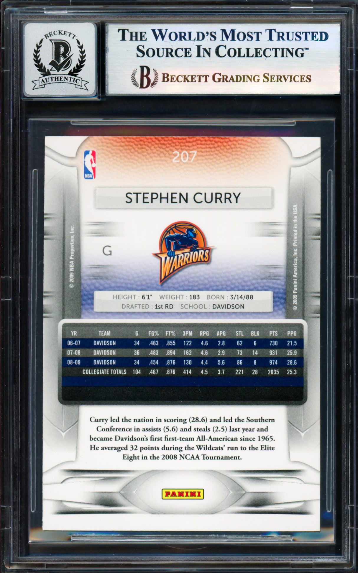 Stephen Curry Autographed 2009-10 Panini Prestige Card #207 Golden State Warriors Auto Grade Gem Mint 10 Beckett BAS #17855545