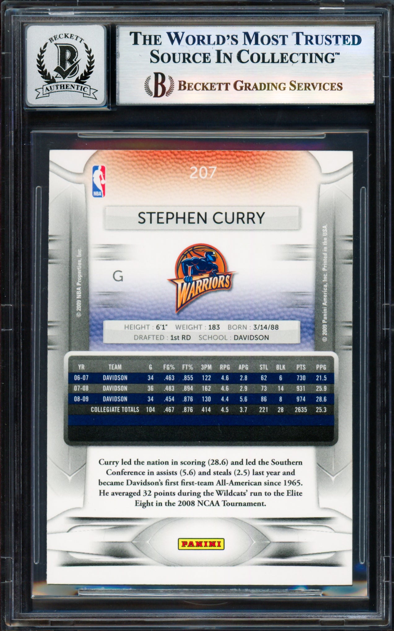 Stephen Curry Autographed 2009-10 Panini Prestige Card #207 Golden State Warriors Auto Grade Gem Mint 10 Beckett BAS #17855545