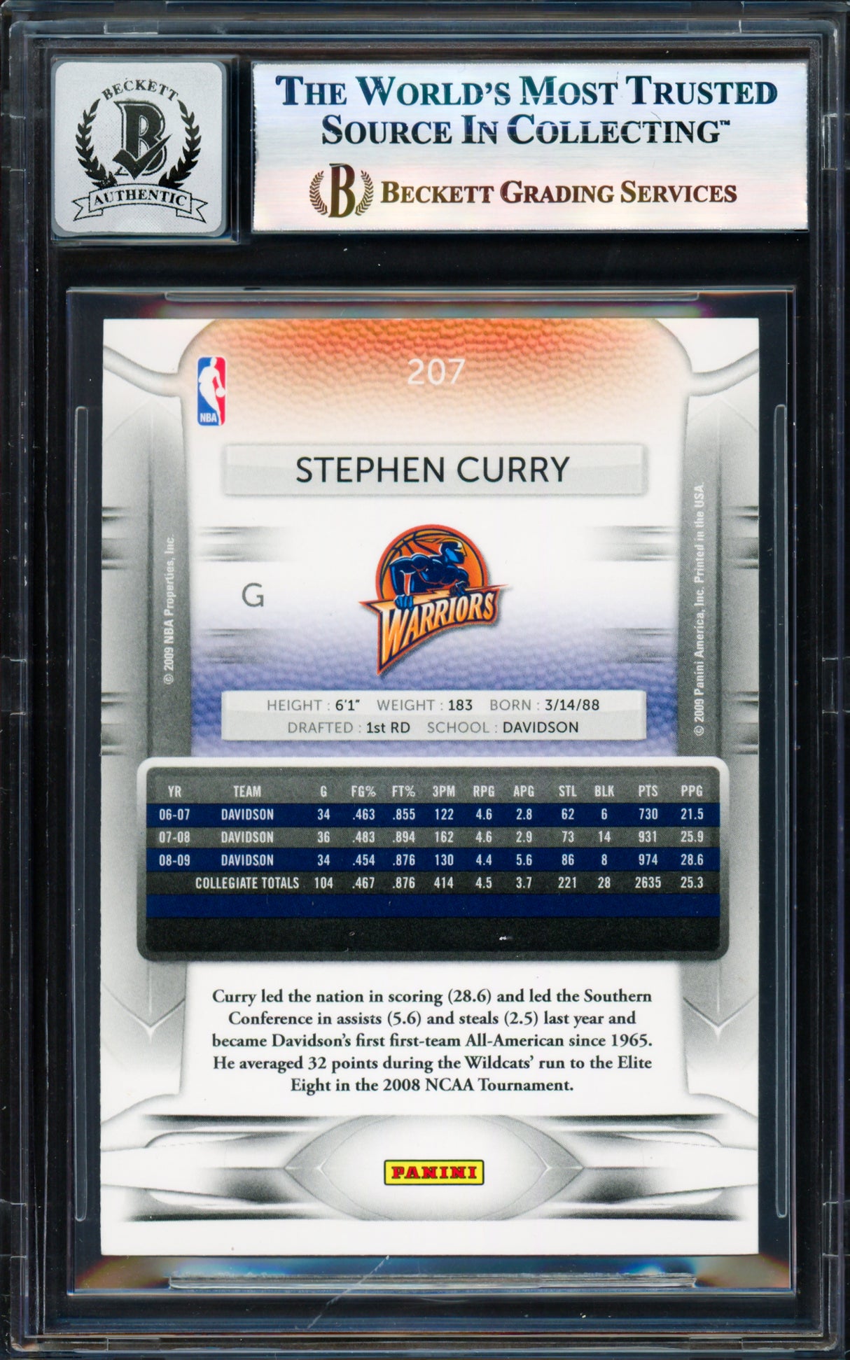 Stephen Curry Autographed 2009-10 Panini Prestige Card #207 Golden State Warriors Auto Grade Gem Mint 10 Beckett BAS #17855554