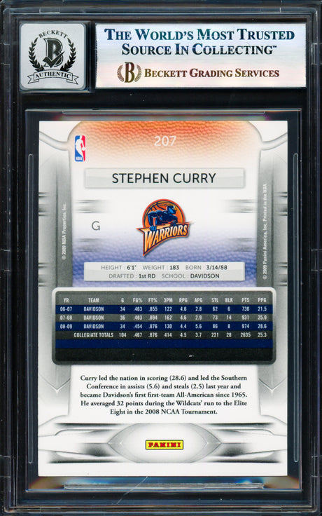Stephen Curry Autographed 2009-10 Panini Prestige Card #207 Golden State Warriors Auto Grade Gem Mint 10 Beckett BAS #17855554