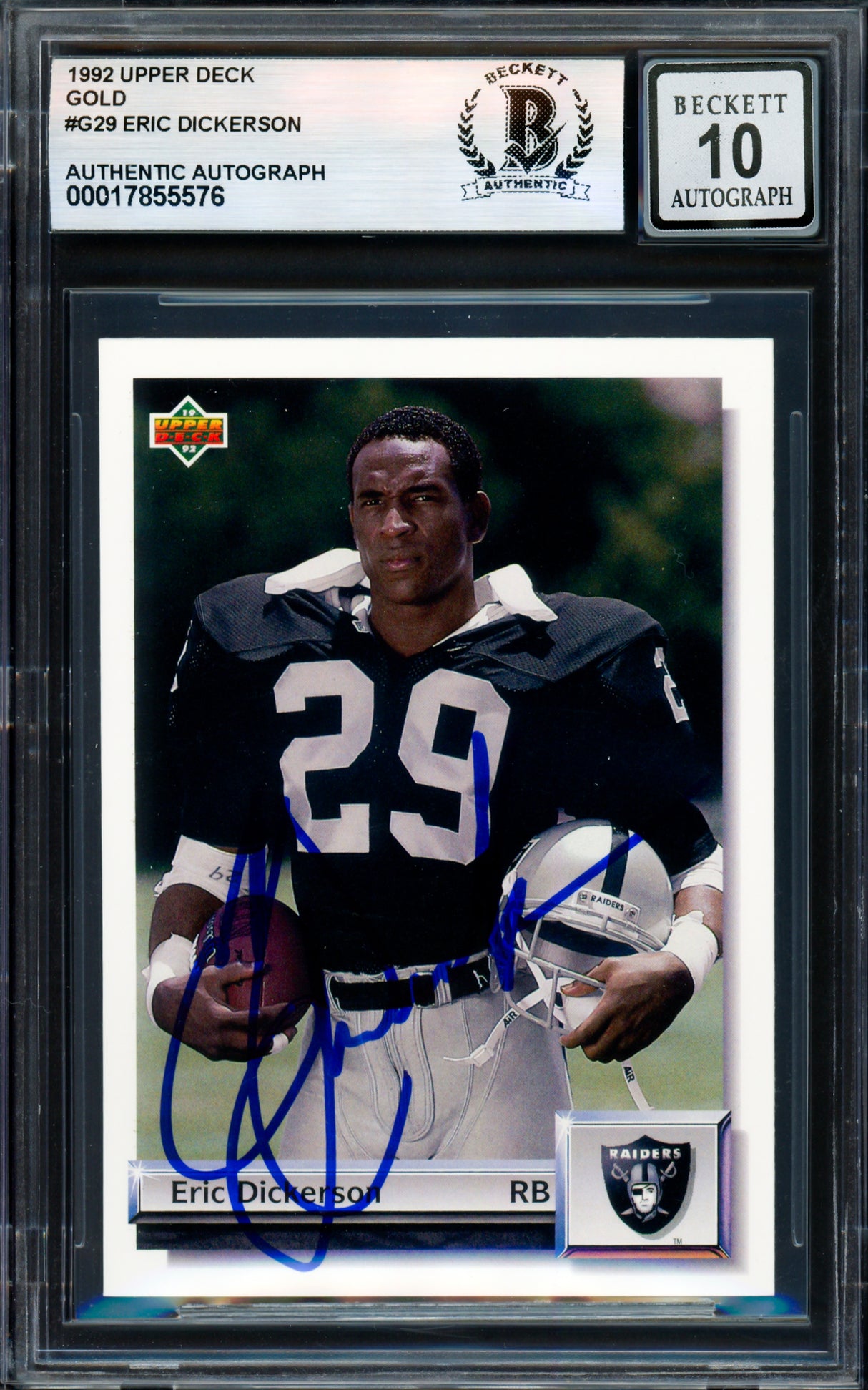 Eric Dickerson Autographed 1992 Upper Deck Gold Card #G29 Los Angeles Raiders Auto Grade Gem Mint 10 Beckett BAS #17855576
