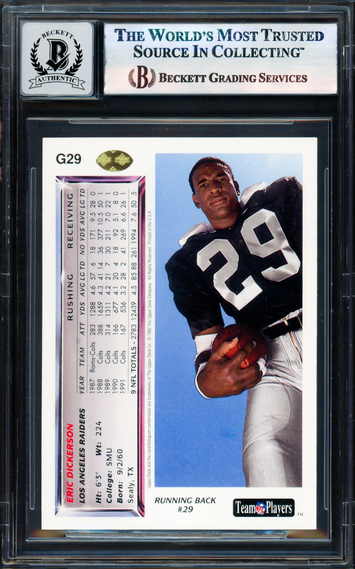 Eric Dickerson Autographed 1992 Upper Deck Gold Card #G29 Los Angeles Raiders Auto Grade Gem Mint 10 Beckett BAS #17855576