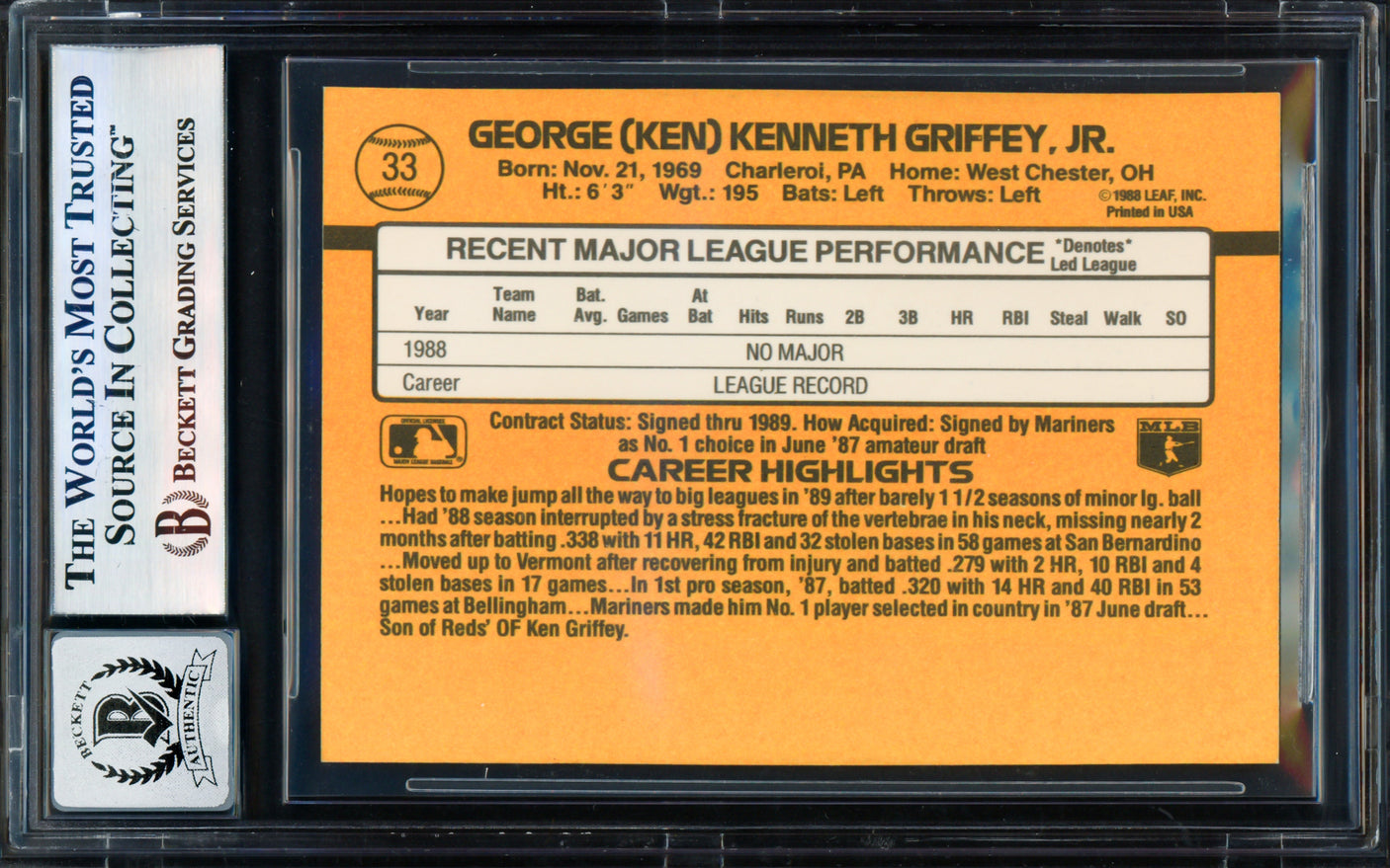 Ken Griffey Jr. Autographed 1989 Donruss Card #33 Seattle Mariners Auto Grade Gem Mint 10 Vintage Rookie Era Signature Beckett BAS #17855617
