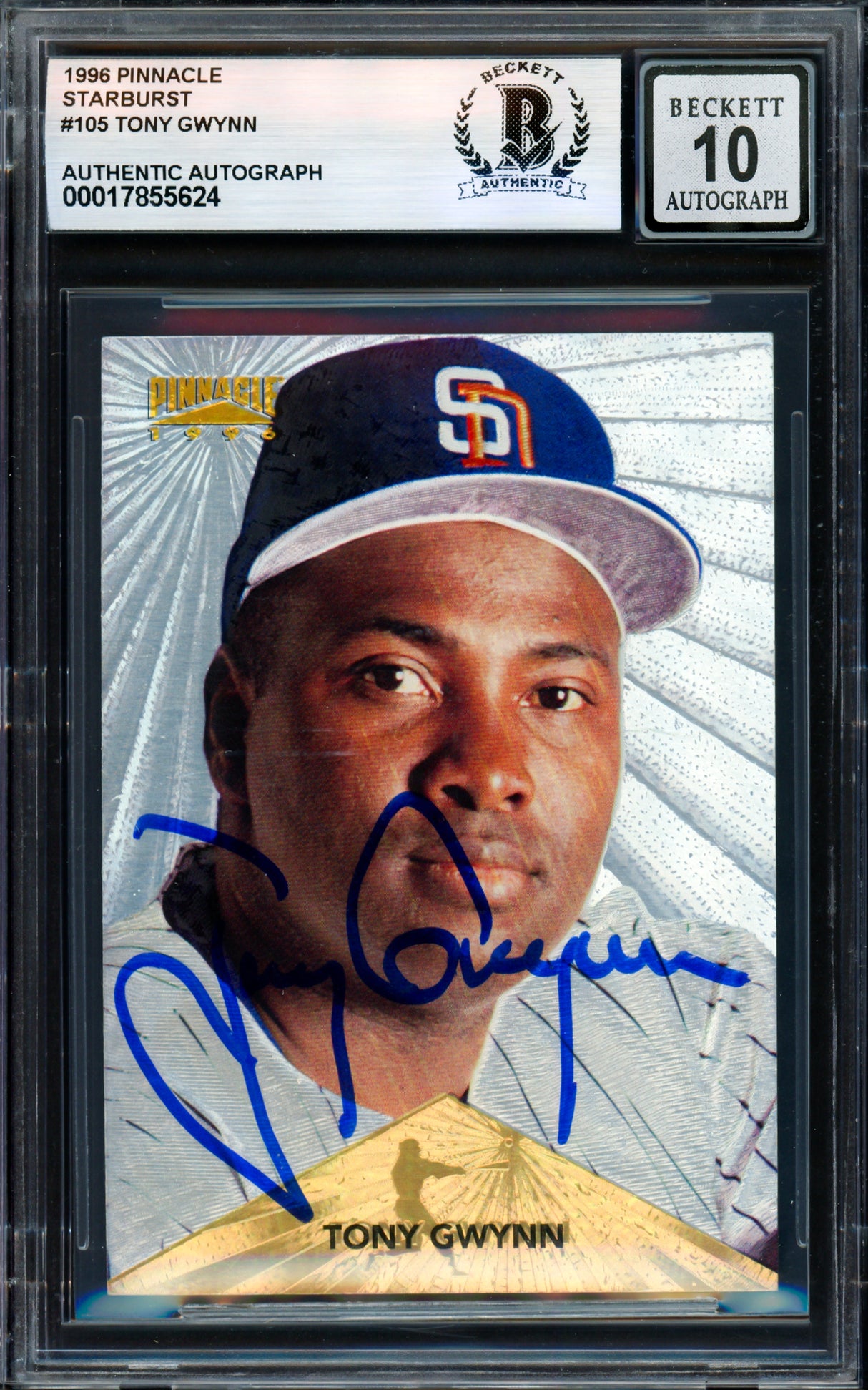 Tony Gwynn Autographed 1996 Pinnacle Starburst Card #105 San Diego Padres Auto Grade Gem Mint 10 Beckett BAS #17855624