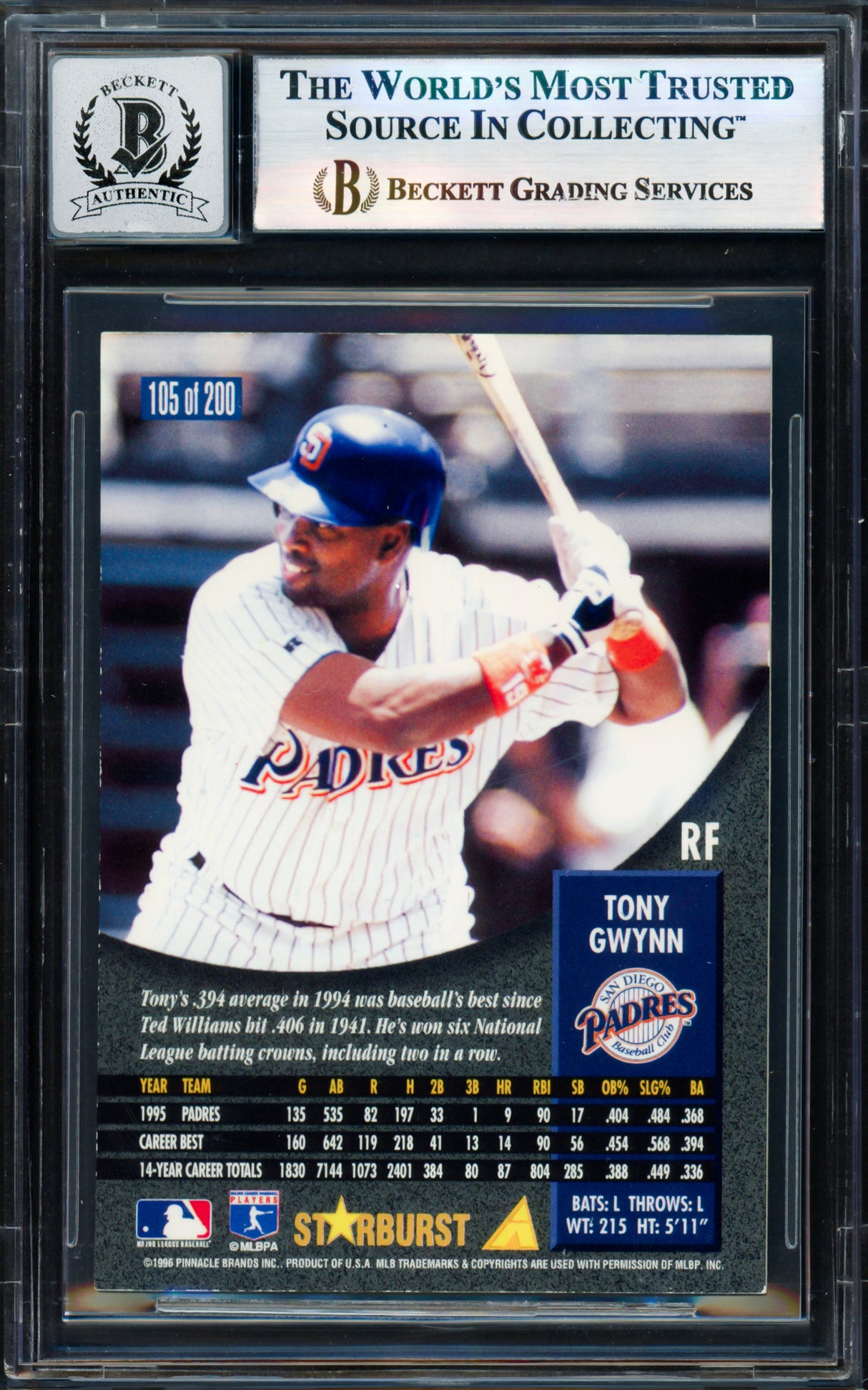 Tony Gwynn Autographed 1996 Pinnacle Starburst Card #105 San Diego Padres Auto Grade Gem Mint 10 Beckett BAS #17855624
