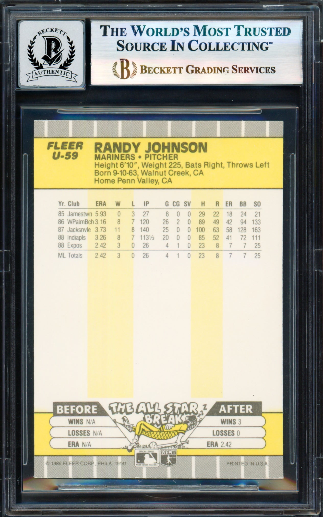Randy Johnson Autographed 1989 Fleer Update Card #U-59 Seattle Mariners Auto Grade Gem Mint 10 Beckett BAS #17855629